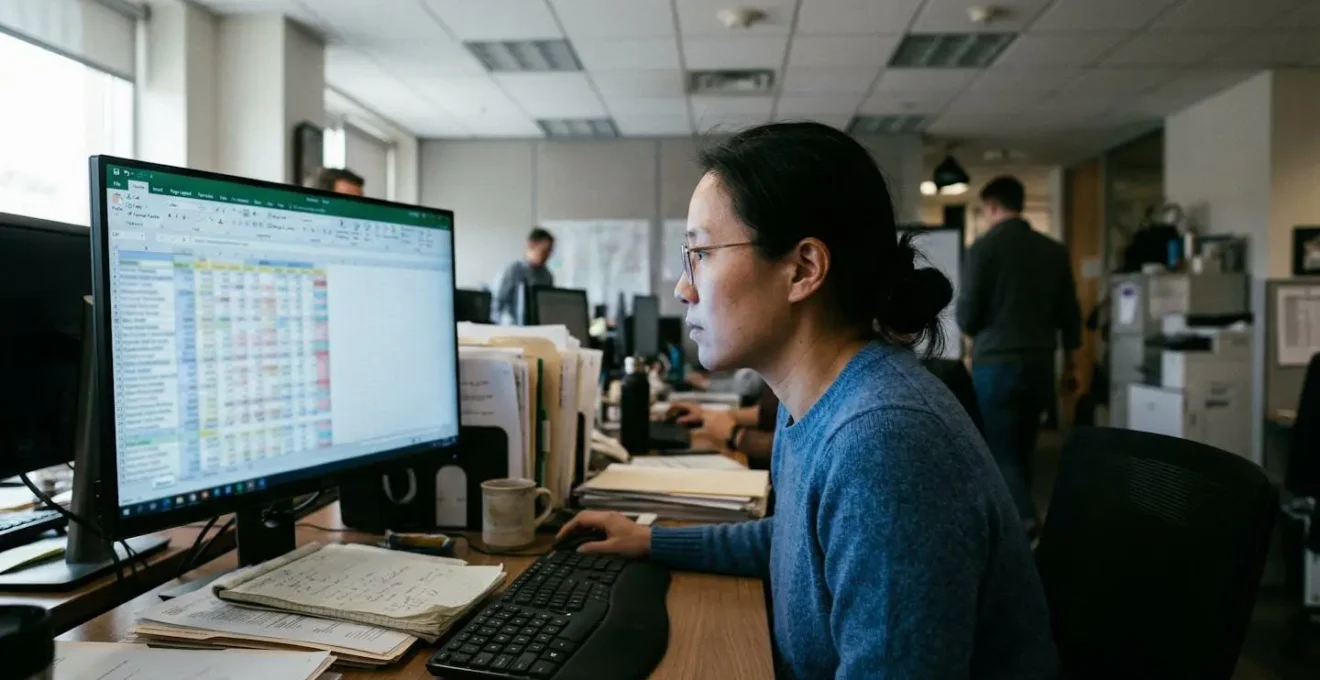 Personne de profil concentrée devant un écran d'ordinateur affichant un tableur flouté dans un bureau éclairé naturellement