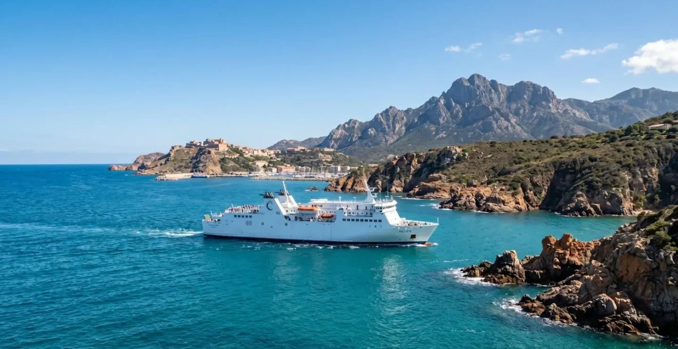 Un grand ferry blanc naviguant sur la mer Méditerranée turquoise approchant la côte rocheuse de la Corse sous un ciel bleu éclatant