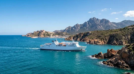Un grand ferry blanc naviguant sur la mer Méditerranée turquoise approchant la côte rocheuse de la Corse sous un ciel bleu éclatant