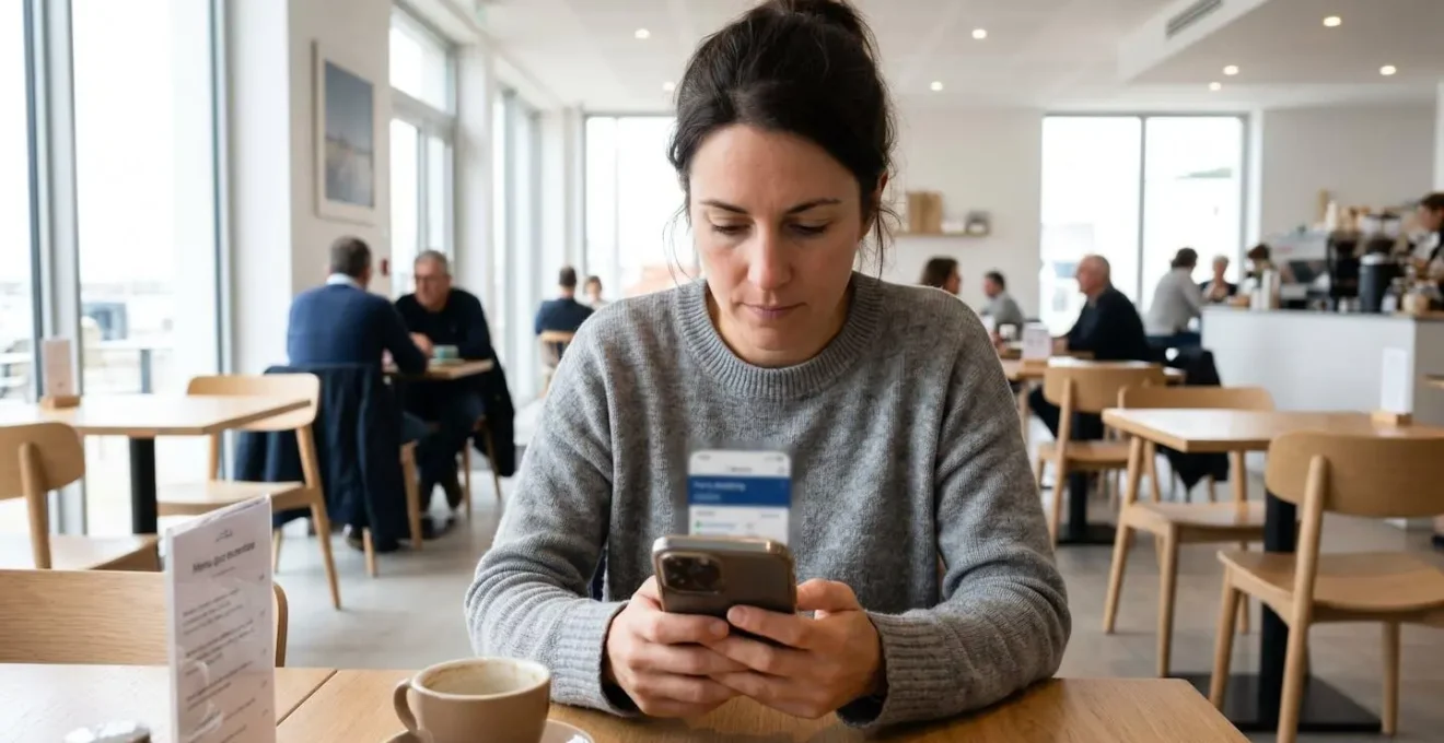 Une personne tenant un smartphone et consultant une application de réservation de ferry dans un café moderne, l'écran du téléphone étant totalement flouté