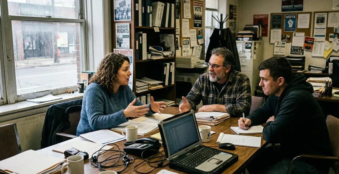 Trois personnes en discussion autour d'une table couverte de documents dans un local syndical aux murs affichés de notes