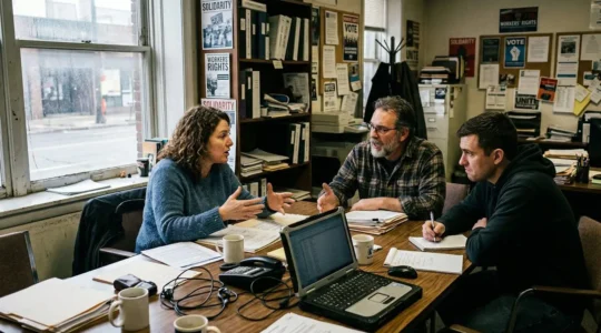 Trois personnes en discussion autour d'une table couverte de documents dans un local syndical aux murs affichés de notes